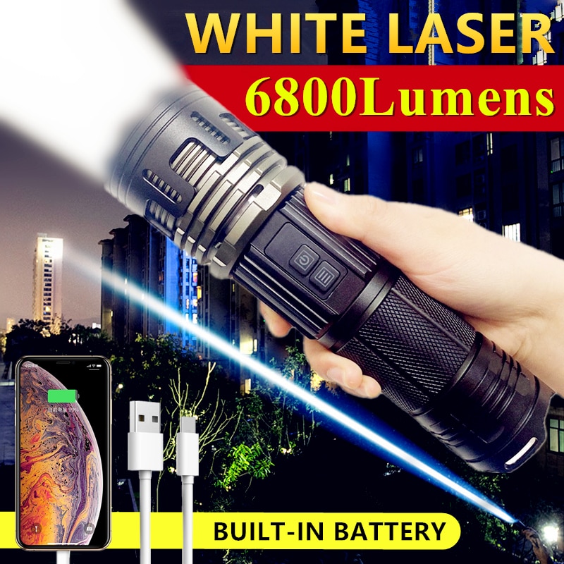 백색 레이저 손전등, 18650 배터리 내장, TYPE-C 충전식 줌 가능, 전술 군사 검색 LED 토치, 6800LM, 1500m